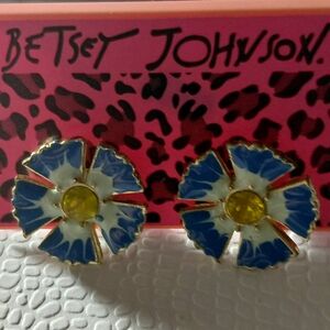 Betsey Johnson Pierced Earrings, Blue, White & Yellow Floral Stud Earrings